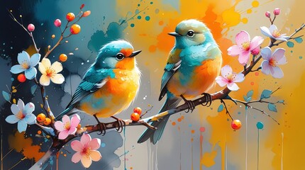 Watercolor birds on the branch. Blue, teal, orange, yellow plumage. Pink blossoms, berries. Abstract golden, blue, gray background with splatters. High color saturation, soft edges, joyful. Wallart.