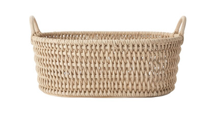 Woven rattan basket isolated PNG, beige wicker storage container with handles for home decor and organization on transparent background