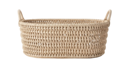 Woven rattan basket isolated PNG, beige wicker storage container with handles for home decor and organization on transparent background