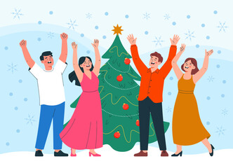 Fototapeta premium A cheerful group of four people joyfully celebrating around a beautifully decorated Christmas tree, capturing the essence of togetherness and festive spirit during the holiday season.