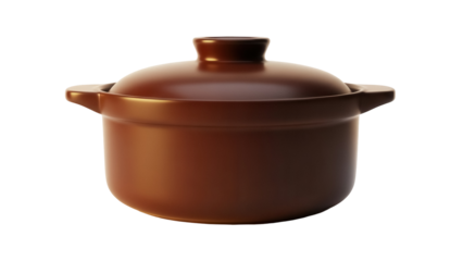 Brown ceramic casserole dish with lid isolated PNG, traditional cookware for baking and serving on transparent background