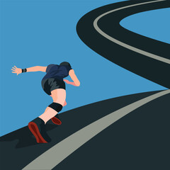 A dynamic vector illustration of a runner sprinting along a curved road, symbolizing speed, determination, fitness, and progress toward goals in a modern flat design style
