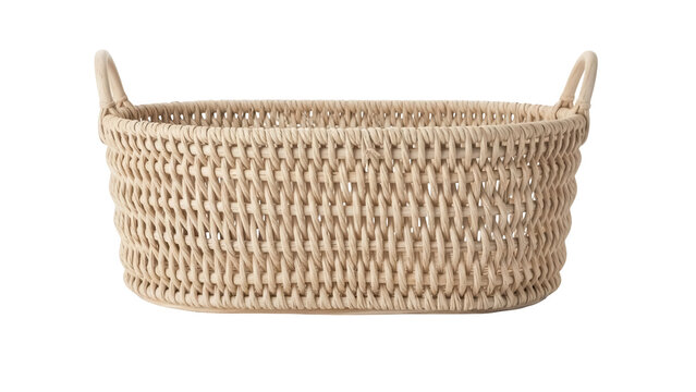 Woven rattan basket isolated PNG, beige wicker storage container with handles for home decor and organization on transparent background
