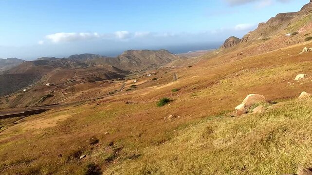 POV ascending Monte Verde  in vehicle on S&atilde;o Vicente Island, Cape Verde overlooking arid terrain and road