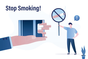 Seller hand give cigarette package. Smart man shows gesture - stop. Refusal and quit smoking. Overcoming smoking addiction. Tobacco under restriction. Stop bad habit.