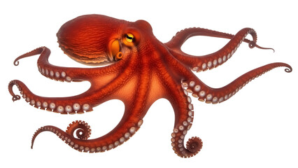 Red octopus PNG isolated on transparent background, vibrant sea creature with tentacles and suckers for marine life and design projects © Mia