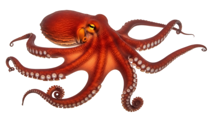 Red octopus PNG isolated on transparent background, vibrant sea creature with tentacles and suckers for marine life and design projects