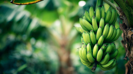 Fresh green bananas hanging on a tree in a tropical plantation with a blurred natural background