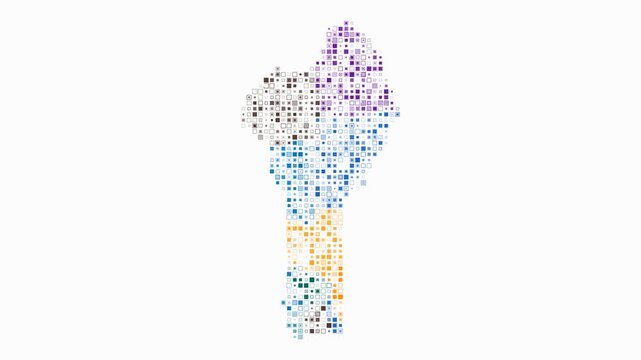 Benin map animation. Shape of the country with pulsating colored dots. Small size square blocks. Digital style Benin map on white background. Beautiful video.