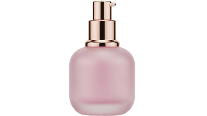 Elegant pink cosmetic bottle with golden pump isolated PNG, skincare product for beauty and personal care on transparent background