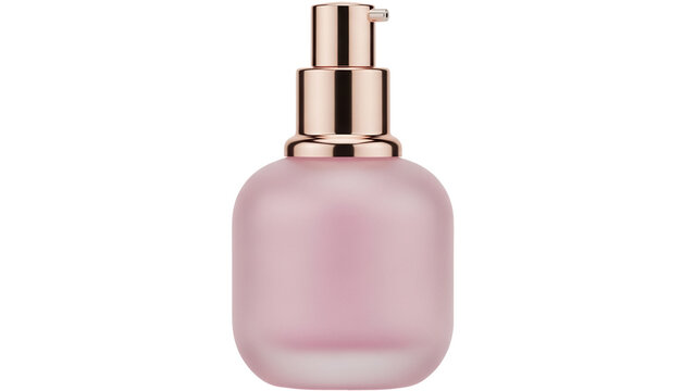 Elegant pink cosmetic bottle with golden pump isolated PNG, skincare product for beauty and personal care on transparent background