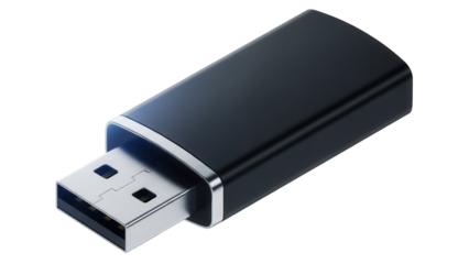 Sleek black USB flash drive isolated PNG, portable storage device for data transfer and backup on transparent background