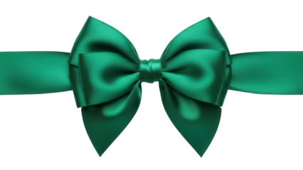 Emerald green satin ribbon bow isolated PNG on transparent background, elegant decorative element for gift wrapping and festive designs