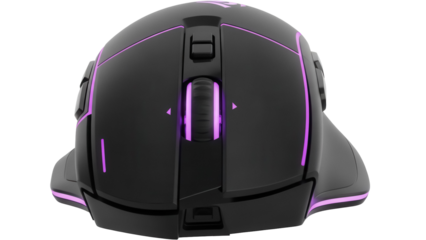 Ergonomic black gaming mouse with purple accents isolated PNG, high-performance computer peripheral for esports and competitive gaming