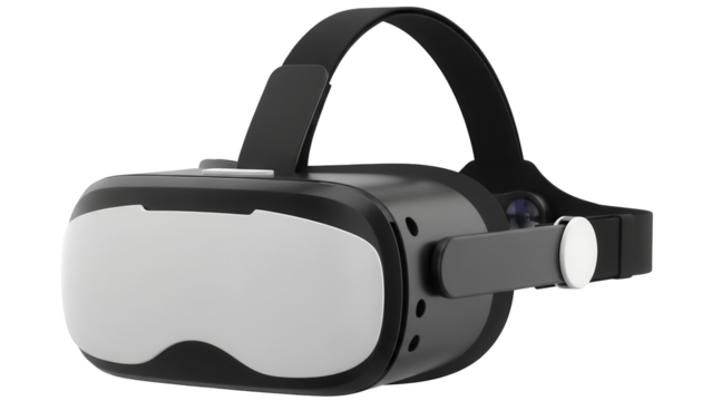 Black VR headset PNG isolated on transparent background, virtual reality glasses for gaming and immersive experience - Powered by Adobe