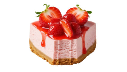 Strawberry cheesecake isolated PNG with red glaze and fresh strawberries, delicious dessert for bakery menu and sweet treat designs
