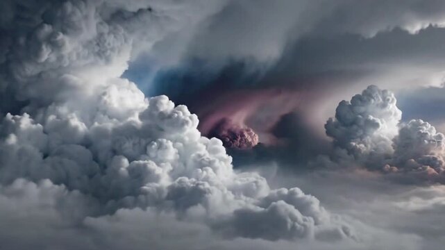 Cinematic footage of huge volcanic ash plume rising into turbulent dark gray and white thunderheads
