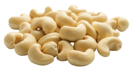 Pile of cashew nuts isolated PNG on transparent background, healthy snack food rich in protein and minerals for vegan diet