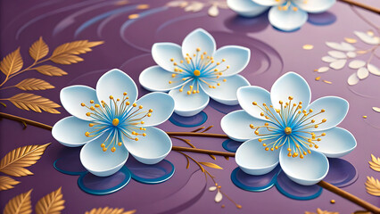 Elegant white floral pattern with golden leaves decorative background
