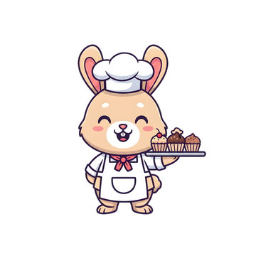 Cute Rabbit Baker Character Carrying a Tray of Delicious Cupcakes