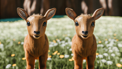 Two young deer standing together in natural meadow
