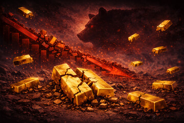 Gold Bar Market Decline Global Recession Economic Downturn Bearish Financial Trend Falling Bullion Price Investment Risk Precious Metal Crisis Wealth Loss