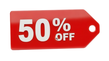 Red 50 percent off sale tag PNG isolated on transparent background, discount promotion for retail marketing and advertising