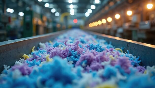 Shredded colorful textile fibers move on industrial conveyor belt. Factory process turns old clothes into new material for reuse. Eco friendly production line recycles garment waste.