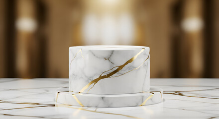 Luxurious Carrara Marble Pedestal Podium with Gold Veins, Elegant Product Display Background