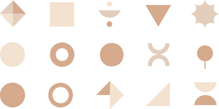 Geometric shape grid collection with squares, circles, triangles, starbursts, and abstract beige and brown vector artwork