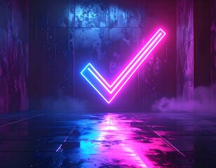 Neon checkmark glows in a dark, reflective, and moody room