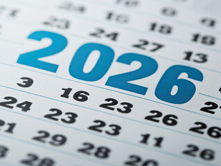 Closeup calendar page highlights bold blue 2026 among neatly organized dates.​