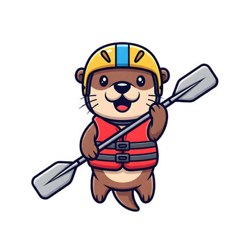 Energetic Otter Character in Life Vest and Helmet Holding a Kayak Paddle