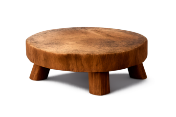 A handcrafted round wooden pedestal, rustic in design, supported by four legs.