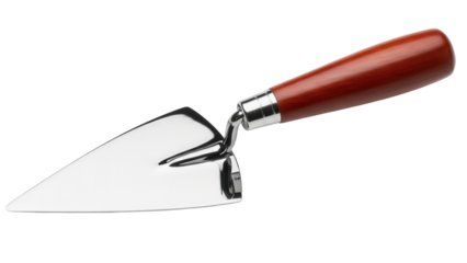 Shiny metal trowel with wooden handle isolated PNG, construction tool for masonry and bricklaying on transparent background