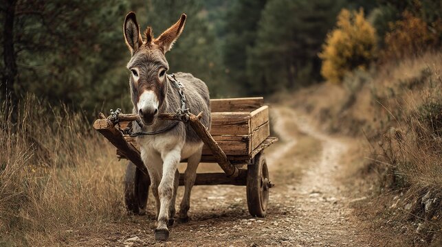 A donkey pulls a wooden cart down a rustic dirt path, surrounded by greenery and trees, evoking a serene country atmosphere.