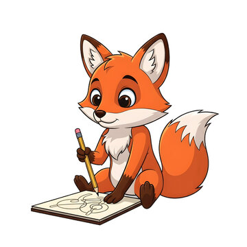 Cute Little Fox Cub Drawing in a Sketchbook with a Pencil