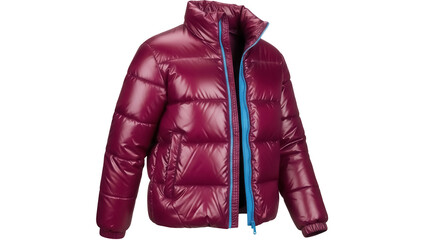 Burgundy puffer jacket with blue zipper isolated PNG, stylish outerwear for winter fashion and cold weather apparel on transparent background © Mia