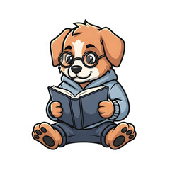 Naklejka premium Smart Puppy Dog Character with Glasses Reading a Book