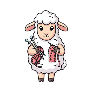 Cute Cartoon Sheep Character Knitting with Pink Yarn and Needles