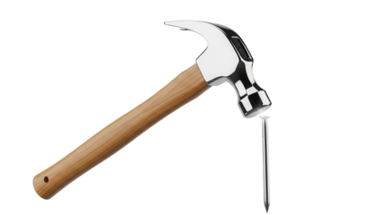 Claw hammer with wooden handle and nail isolated PNG, carpentry tool for construction and home improvement projects on transparent background