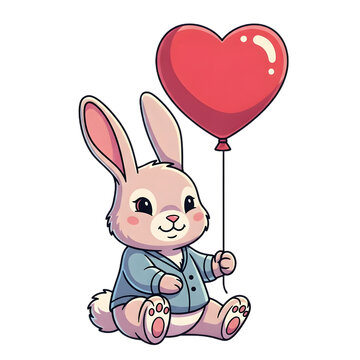 Sweet Pink Bunny Character Sitting and Holding a Heart Shaped Balloon