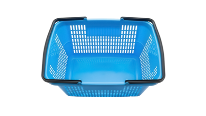 Blue plastic shopping basket isolated PNG on transparent background, reusable container for retail and grocery store use