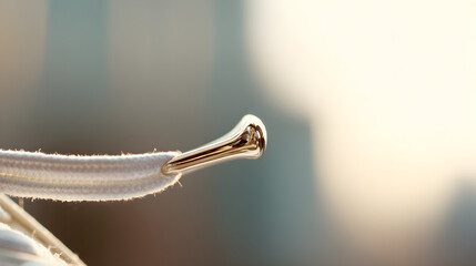 osmium. Polished metal aglet at the end of a white shoelace with metallic texture. lifestyle magazines, social media lookbooks, designed for lifestyle magazines and social media content.