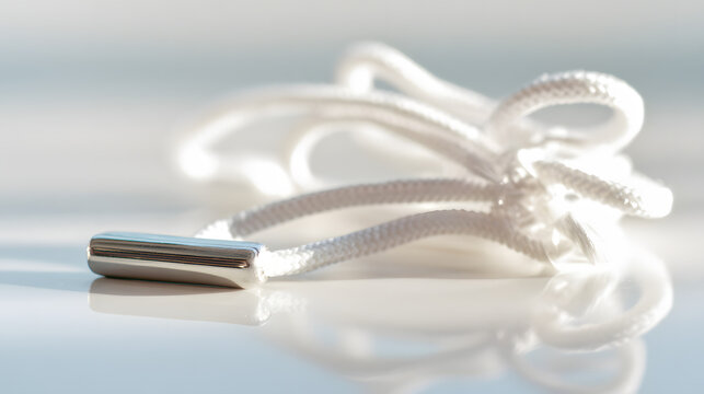 osmium. Polished metal aglet at the end of a white shoelace with metallic texture. lifestyle magazines, social media lookbooks, designed for lifestyle magazines and social media content.