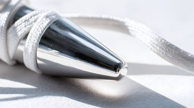 osmium. Polished metal aglet at the end of a white shoelace with metallic texture. lifestyle magazines, social media lookbooks, designed for lifestyle magazines and social media content.