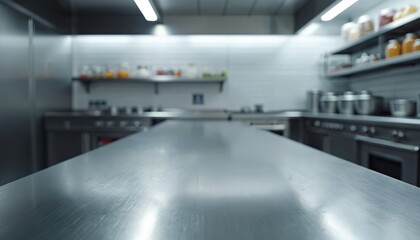 Clean metal countertop in pro kitchen. Blurred background shows industrial cooking appliances and shelves with food ingredients. Modern restaurant workspace.