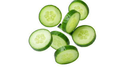 Fresh cucumber slices isolated PNG on transparent background, vibrant green vegetable pieces for healthy eating and cooking