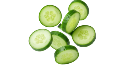 Fresh cucumber slices isolated PNG on transparent background, vibrant green vegetable pieces for healthy eating and cooking