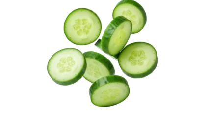 Fototapeten Gemüse Fresh cucumber slices isolated PNG on transparent background, vibrant green vegetable pieces for healthy eating and cooking  © Mia